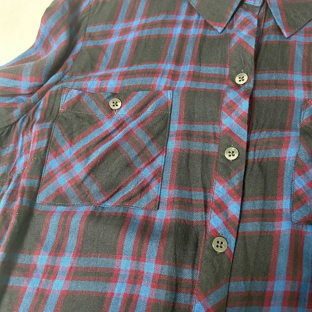 Cabi 3431 Button Up Peplum Top Womens Size L Blue Black Moody Plaid Long Sleeve - Picture 11 of 13